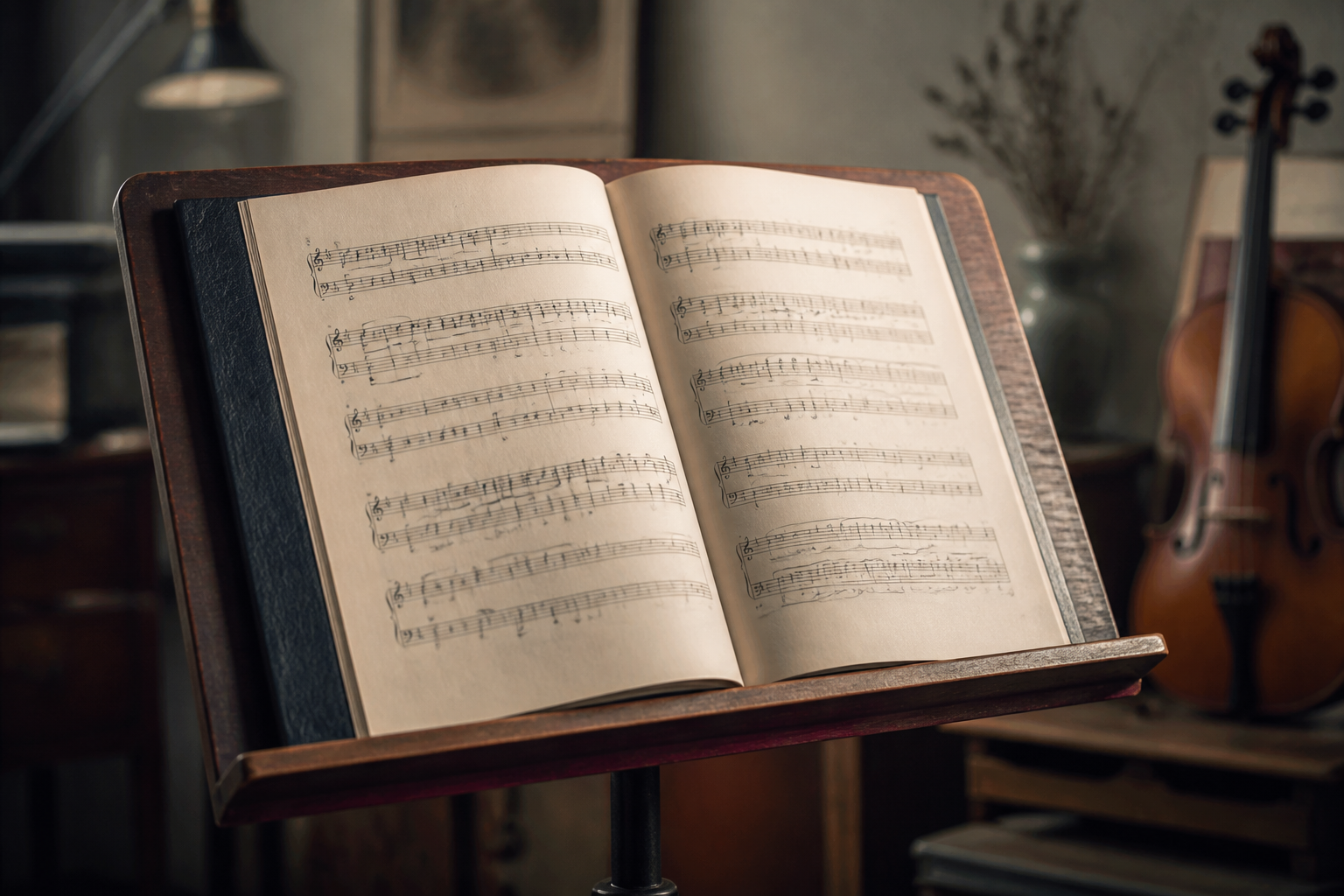 A bound score open on a studio music stand — cream paper, midnight binding.